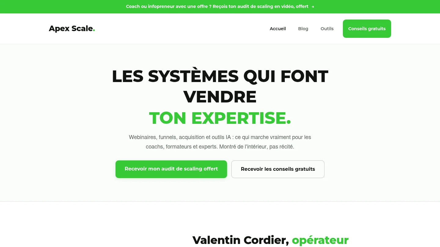 Capture de la page d’accueil de Apex Scale
