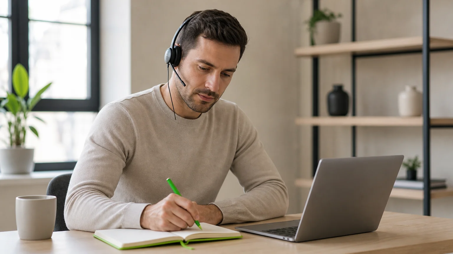 Professionnel prenant des notes lors d'un appel de prospection commerciale