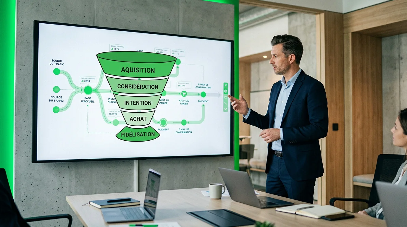 Professionnel analysant un entonnoir de conversion sur un grand écran