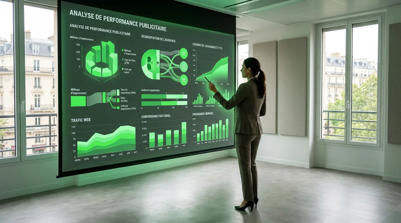 Professionnel analysant les performances d'une campagne publicitaire sur un grand écran