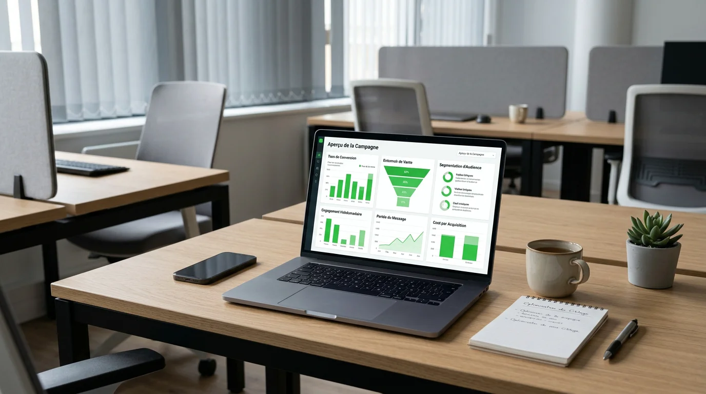 Tableau de bord abstrait de gestion de campagnes publicitaires sur un ordinateur portable