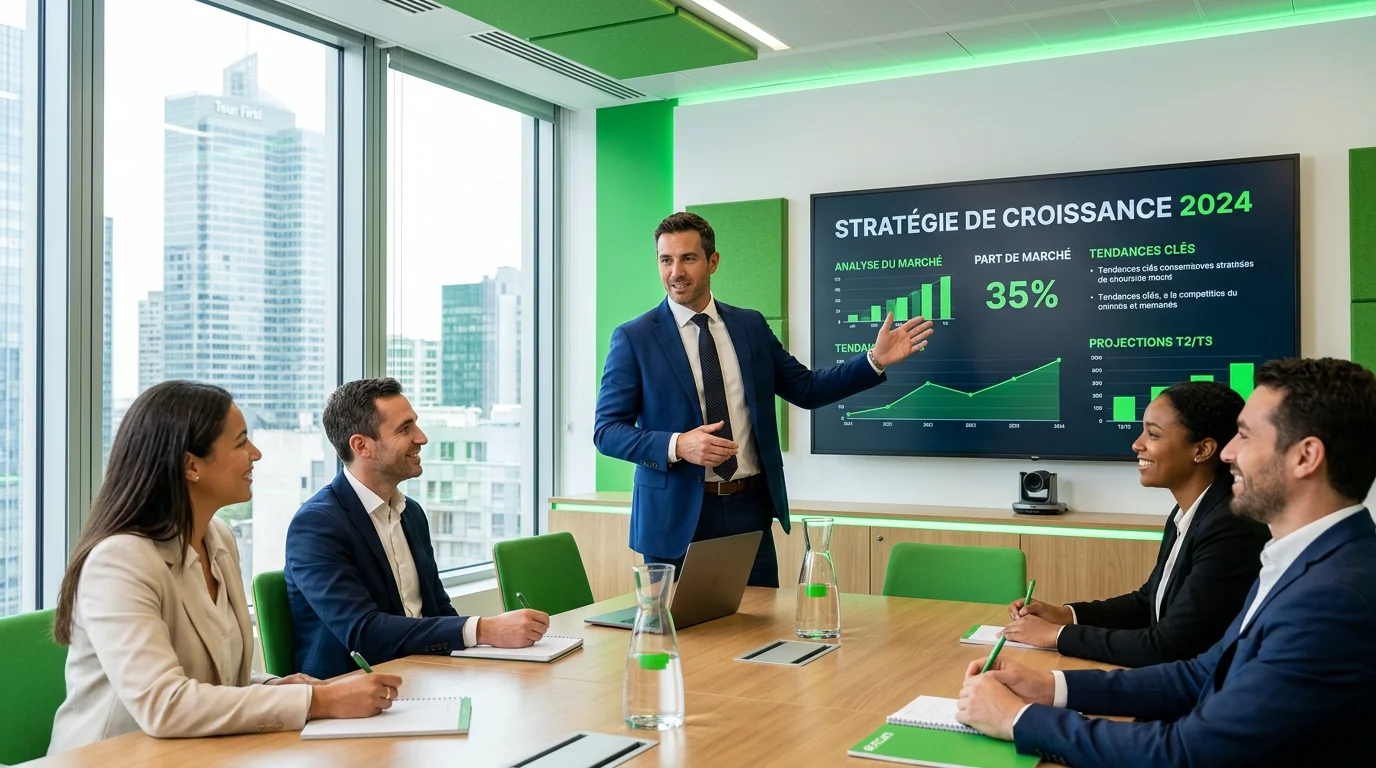 Commercial présentant son argumentaire de vente à un auditoire