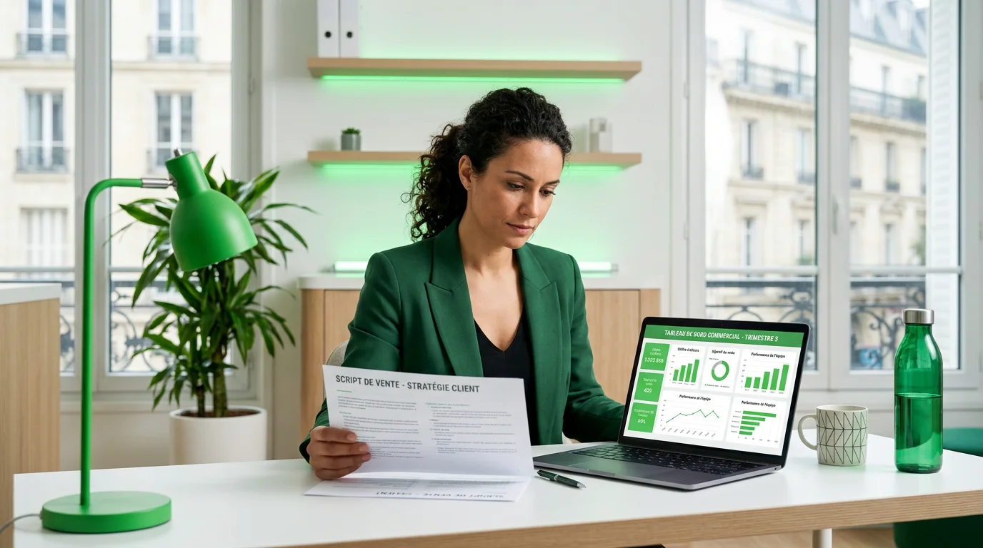 Commercial préparant son argumentaire de vente devant un ordinateur portable