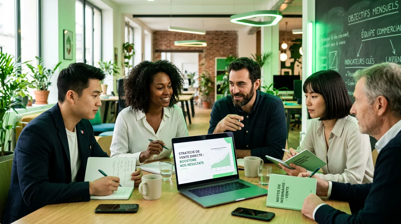 Équipe suivant un webinaire de vente sur un ordinateur portable