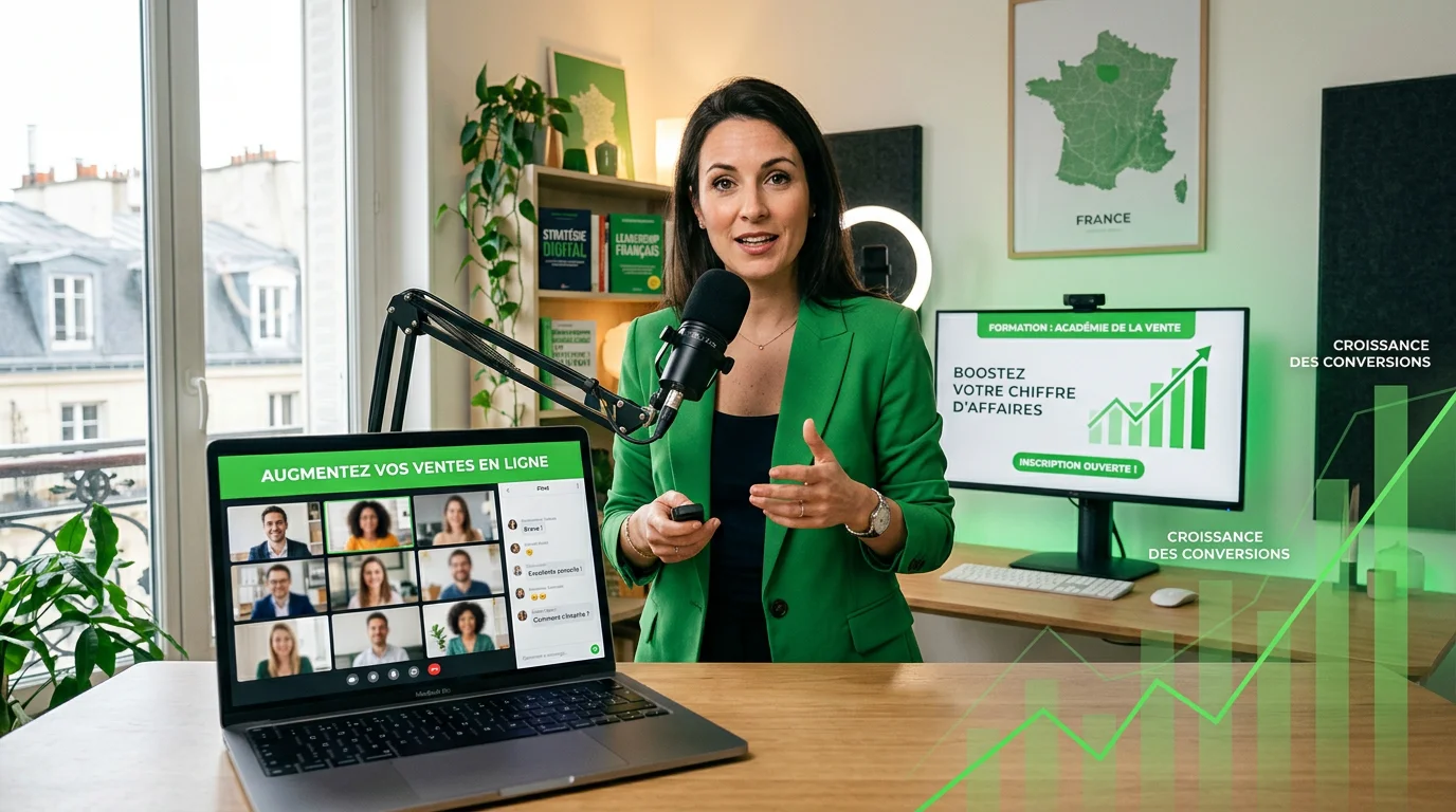 Une formatrice anime un webinaire de vente en direct depuis son bureau