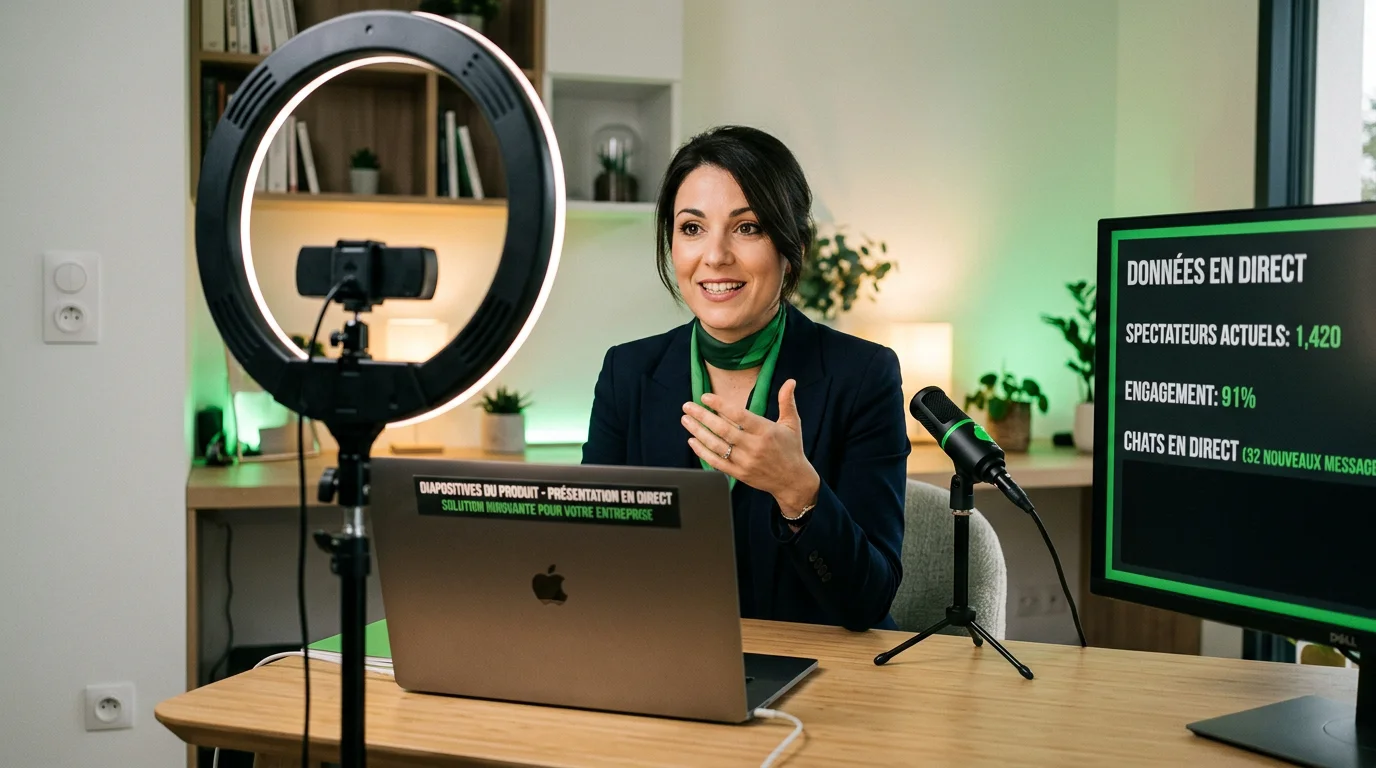 Un formateur anime une présentation de vente en direct devant son ordinateur