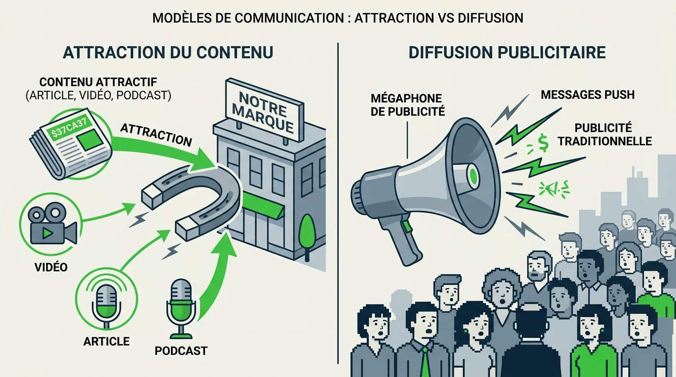 Schéma opposant l'attraction de l'inbound et la diffusion de l'outbound