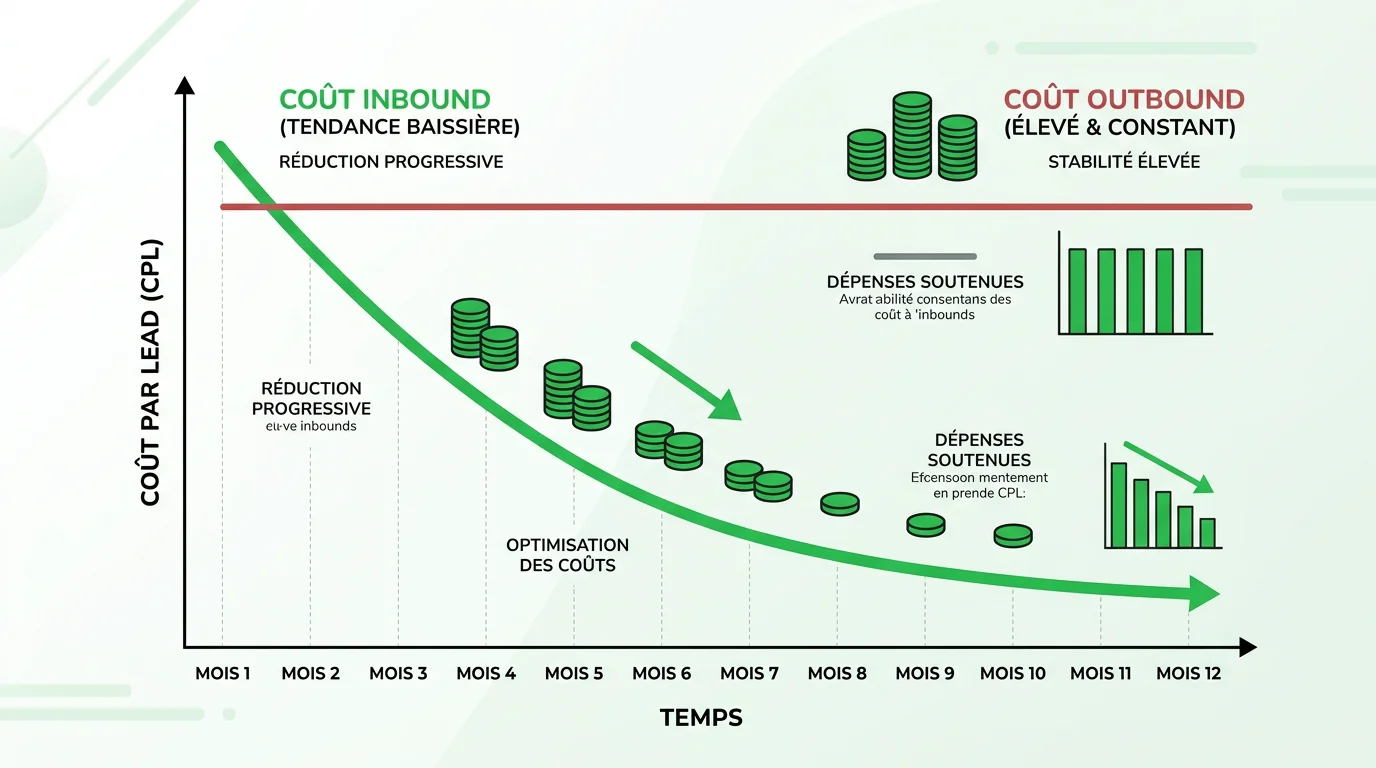 Comparaison du coût par lead entre inbound et outbound dans le temps