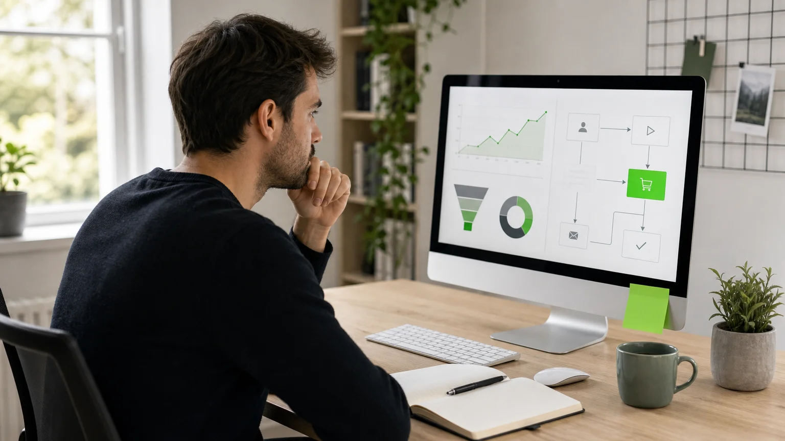 Entrepreneur e-commerce analysant les performances de son tunnel de vente sur un écran