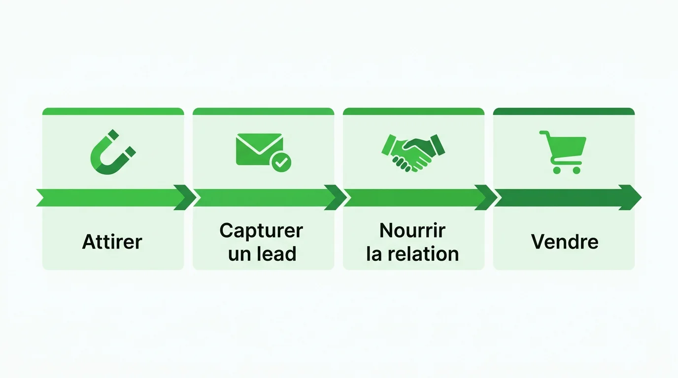 Schéma des quatre étapes d'un tunnel de vente en marketing digital