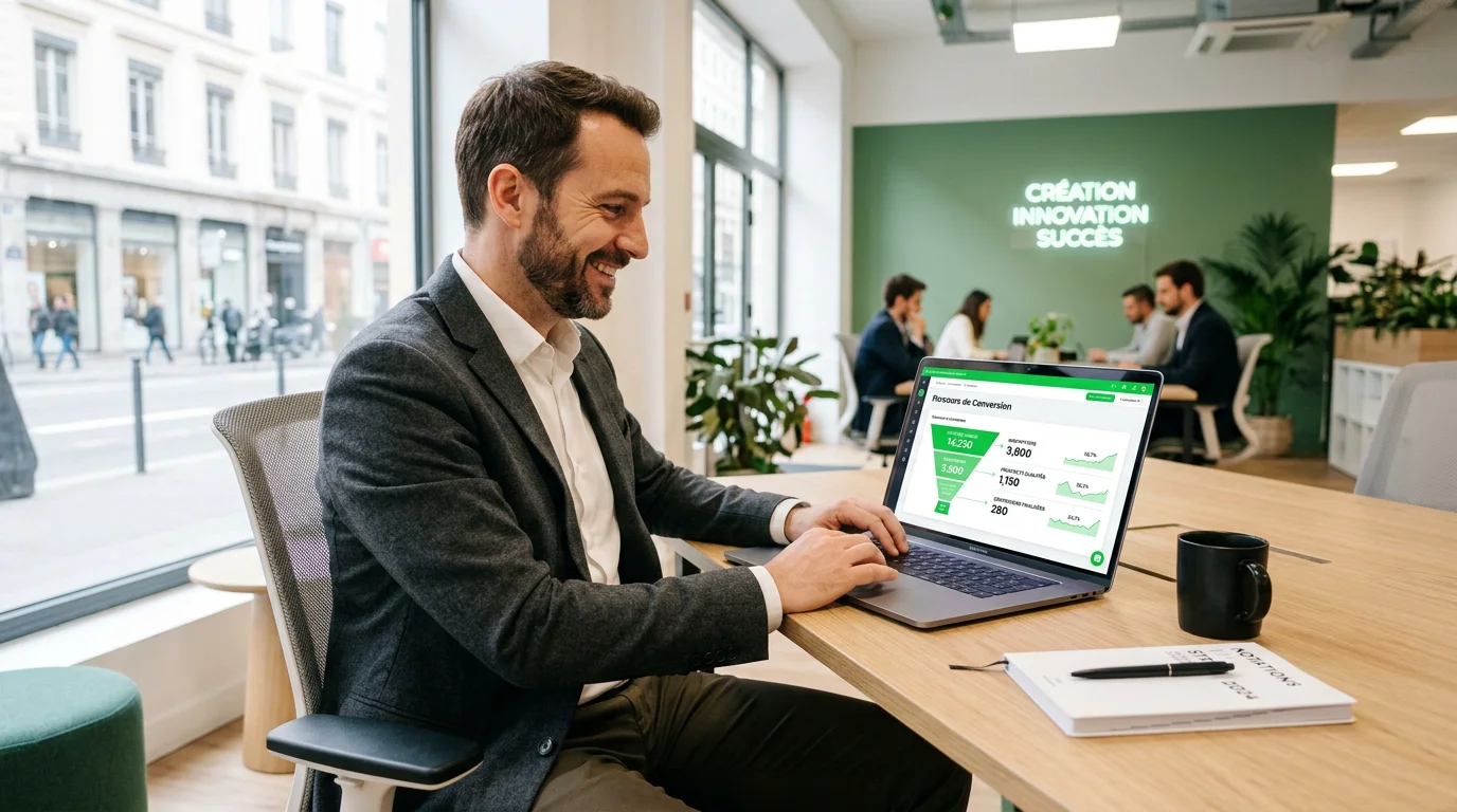 Entrepreneur construisant son tunnel de vente sur ordinateur dans un bureau lumineux