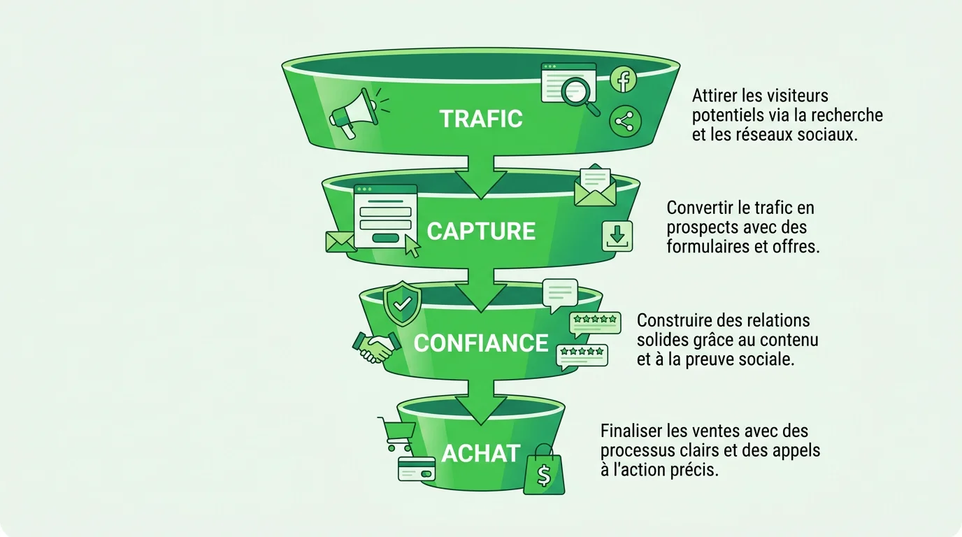 Schéma d'un tunnel de vente en quatre étapes avec dégradé vert