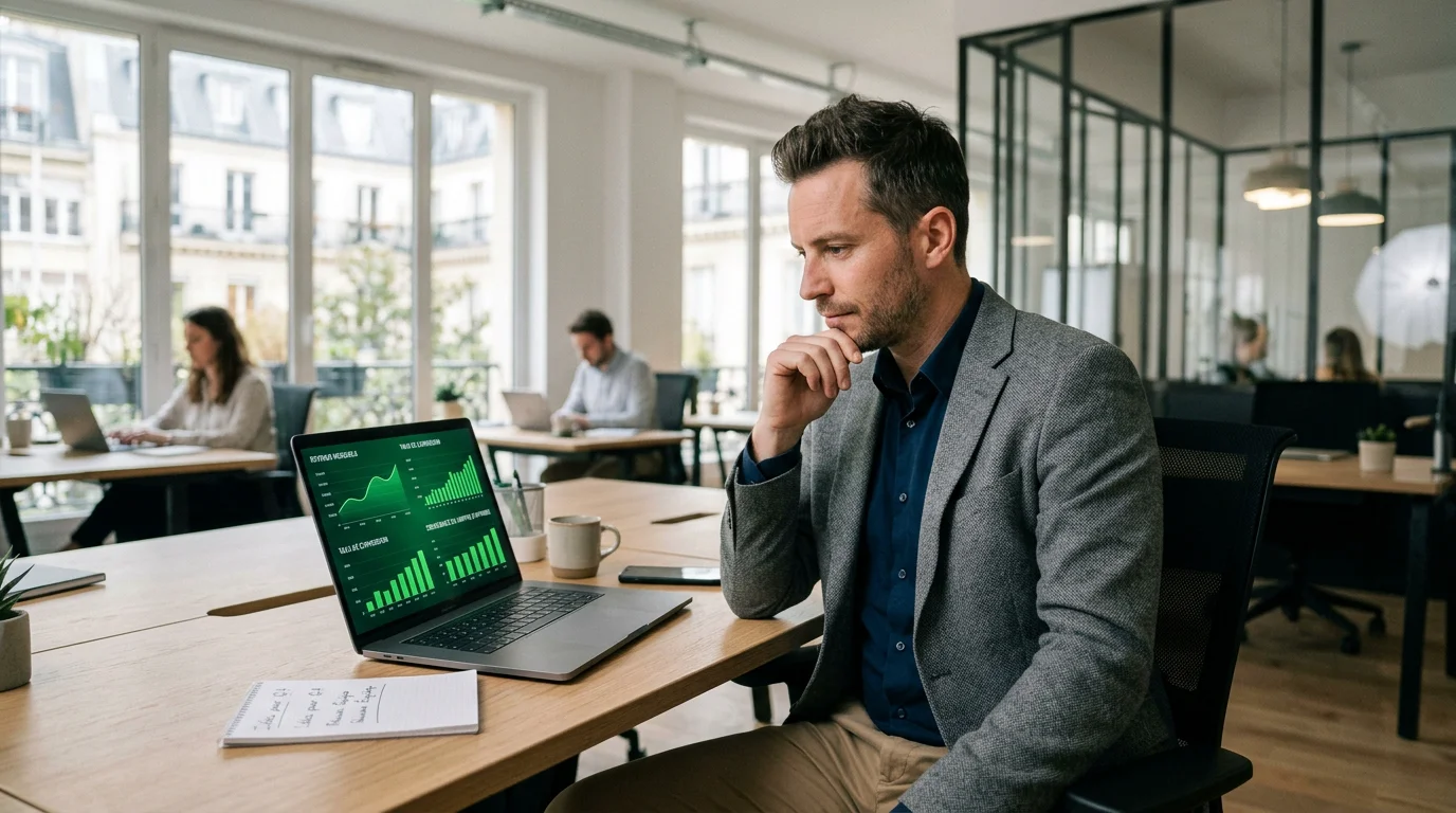Entrepreneur analysant les performances de son tunnel de vente à l'écran