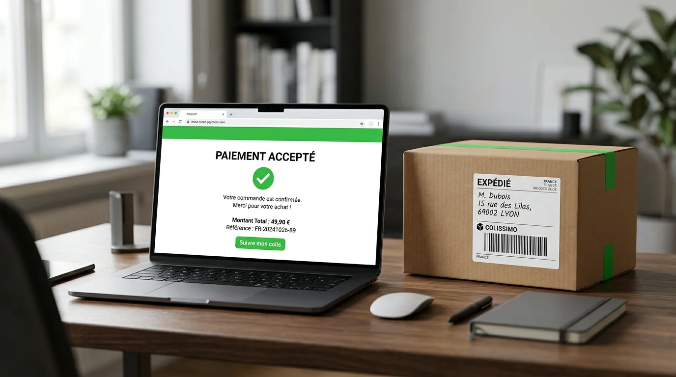 Page de paiement simplifiée et colis prêt à expédier