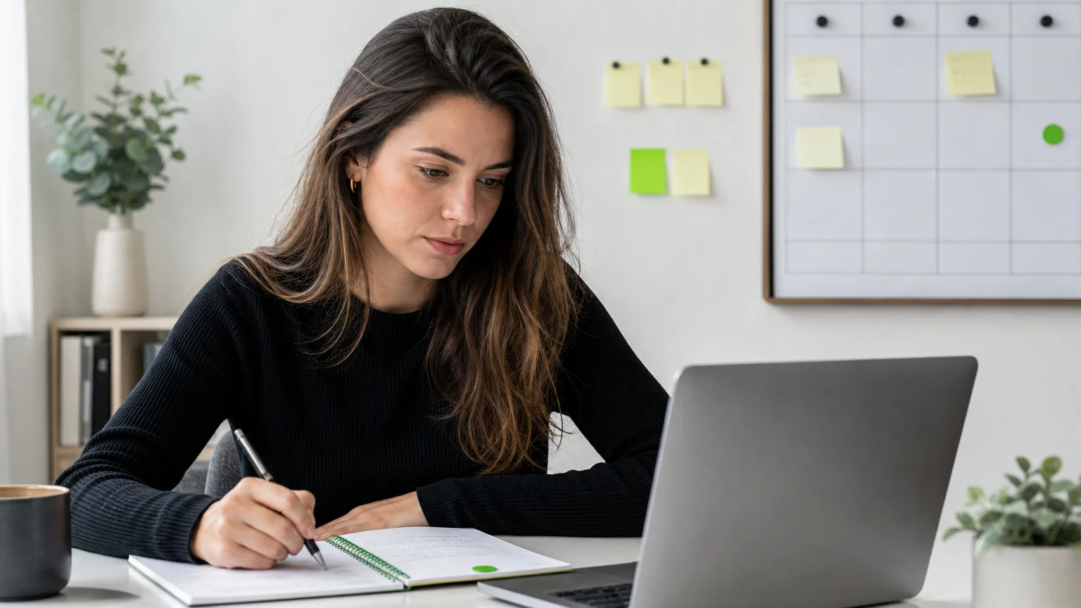 Entrepreneure concentrée choisissant sa stratégie de réseaux sociaux à son bureau