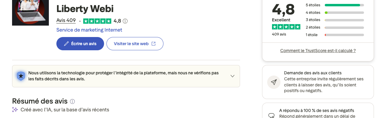 Page Trustpilot de Liberty Webi : 4,8 sur 5 pour 409 avis