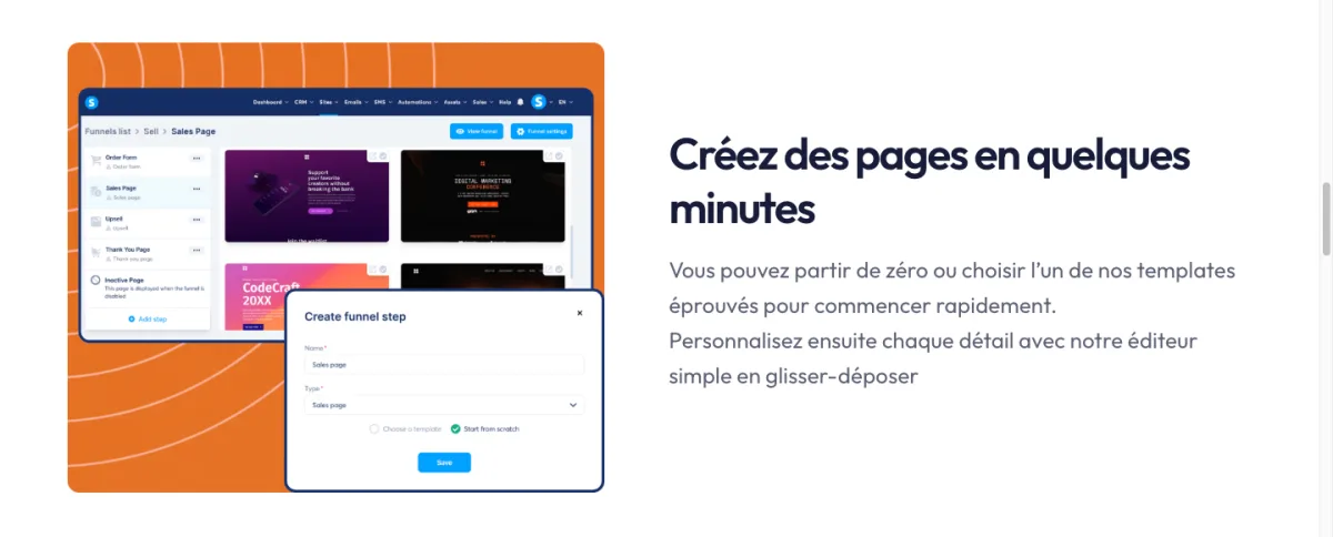 Éditeur de tunnel systeme.io : étapes du tunnel (page de vente, bon de commande, upsell) et galerie de templates