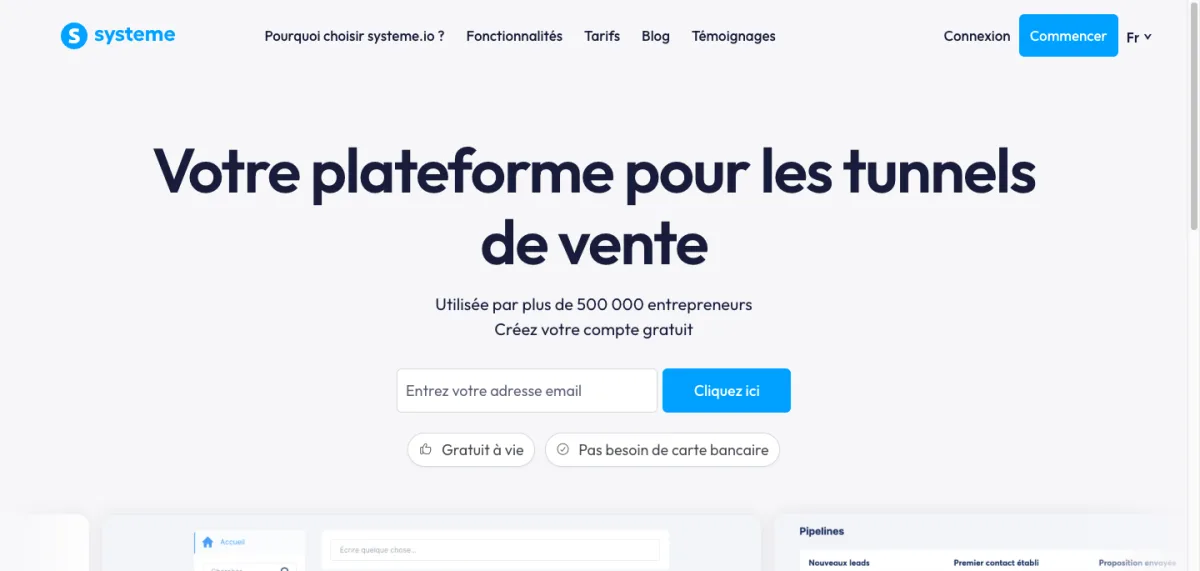 Page d'accueil systeme.io : plateforme pour les tunnels de vente, utilisée par plus de 500 000 entrepreneurs, plan gratuit sans carte bancaire