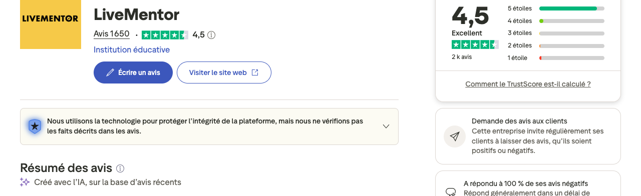 Page Trustpilot de LiveMentor : 4,5 sur 5