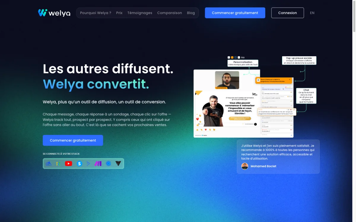 Page d'accueil Welya : plateforme de webinaire orientée conversion, interface de live avec chat, slides et pop-up de preuve sociale