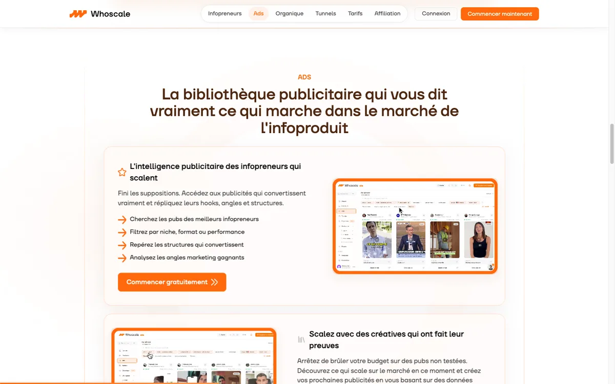 Interface Whoscale : recherche de publicités Meta avec filtres par niche et résultats en cartes vidéo