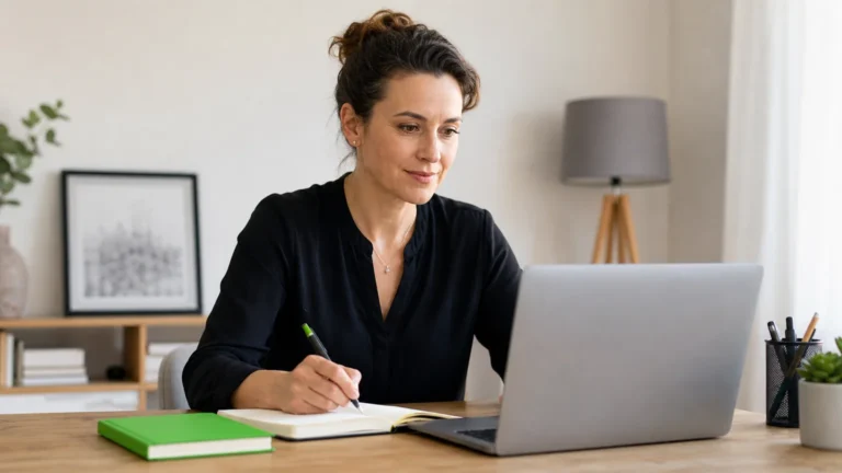 Formatrice préparant la vente d’une formation en ligne devant un ordinateur