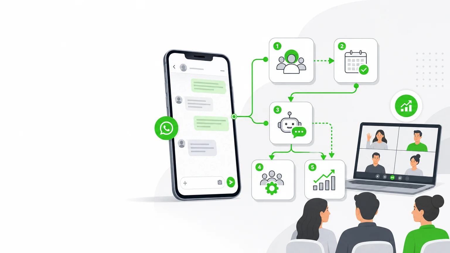 Illustration de cinq solutions d’automatisation WhatsApp pour les webinaires en 2026