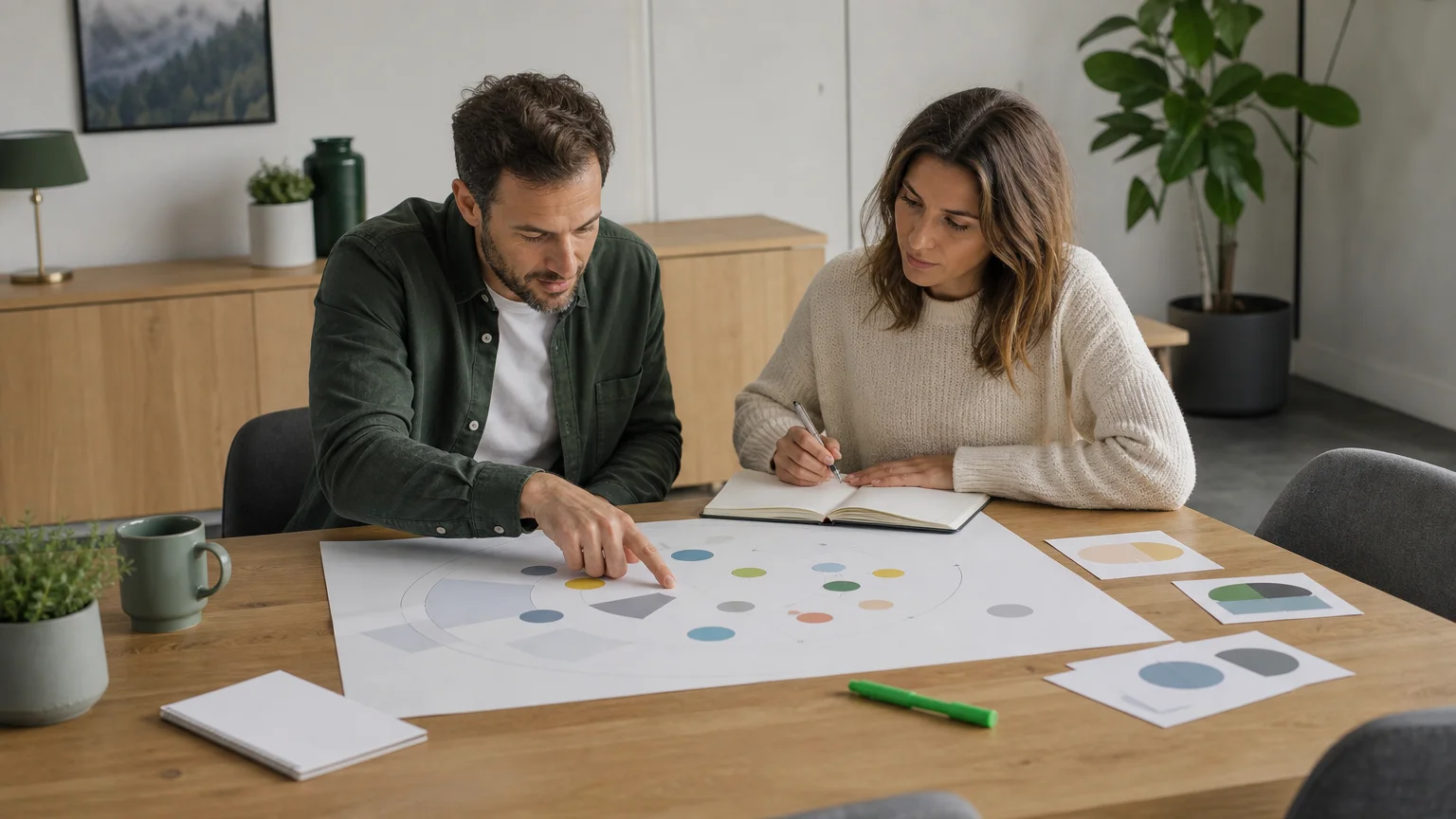 Scène éditoriale d’une équipe analysant une carte de positionnement marketing