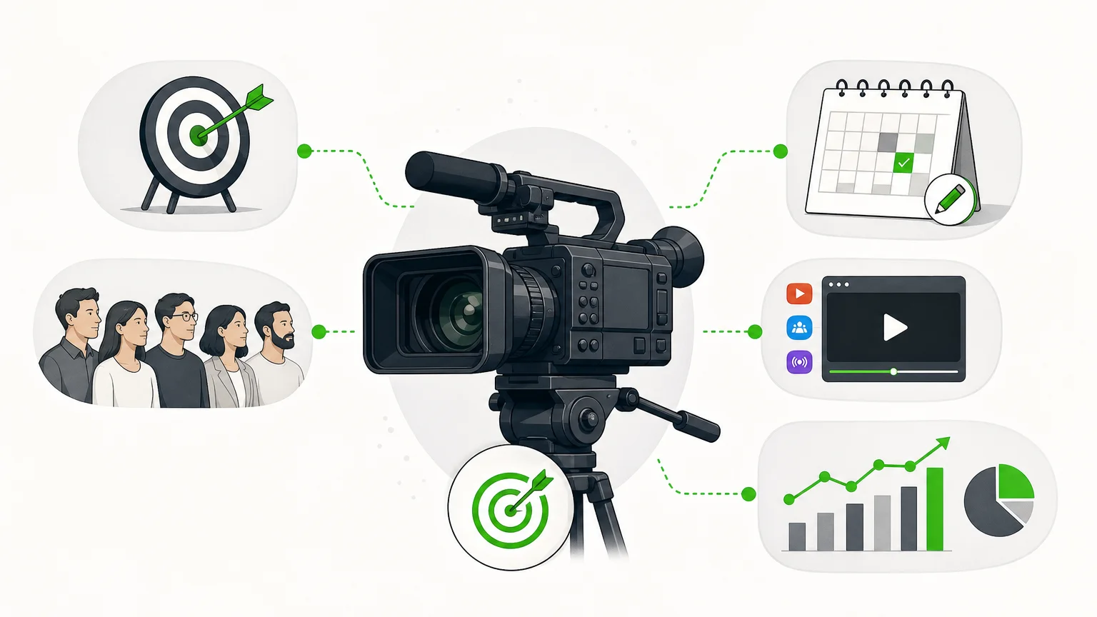 Illustration d’une stratégie de contenu vidéo reliant objectifs, audience, diffusion et mesure.