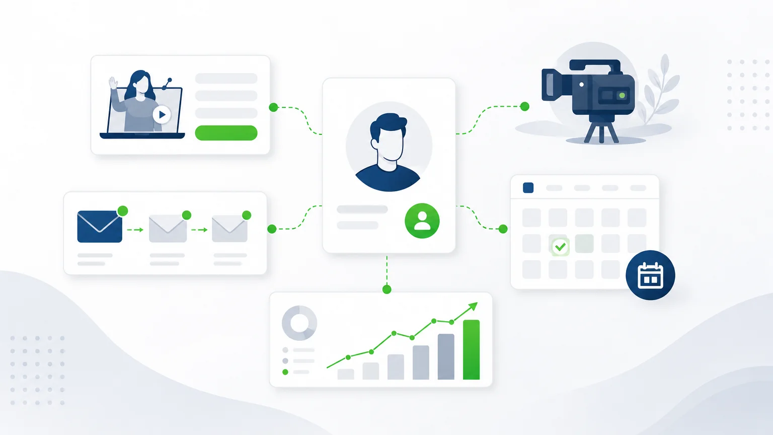 Illustration éditoriale d’un CRM reliant les données d’un webinaire, les relances et les conversions.