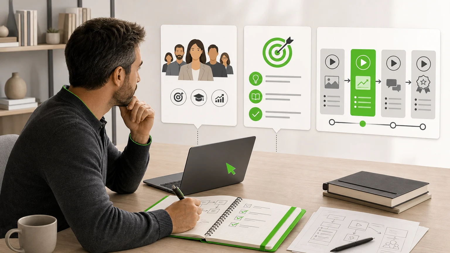 Illustration d’un créateur qui structure une formation en ligne