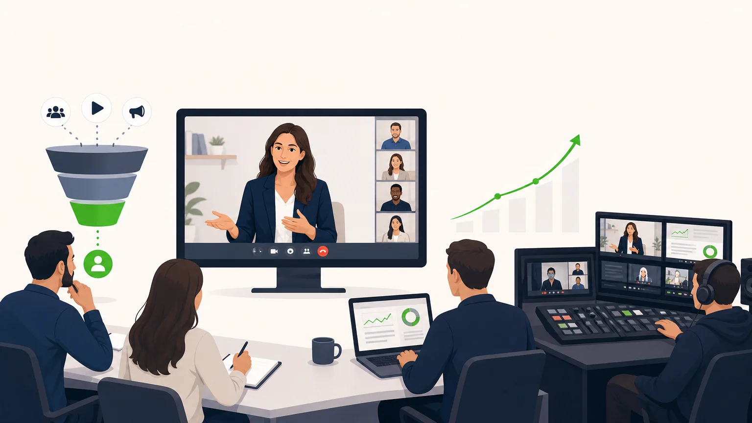 Illustration éditoriale d’un webinaire professionnel reliant acquisition, production audiovisuelle et stratégie commerciale en France