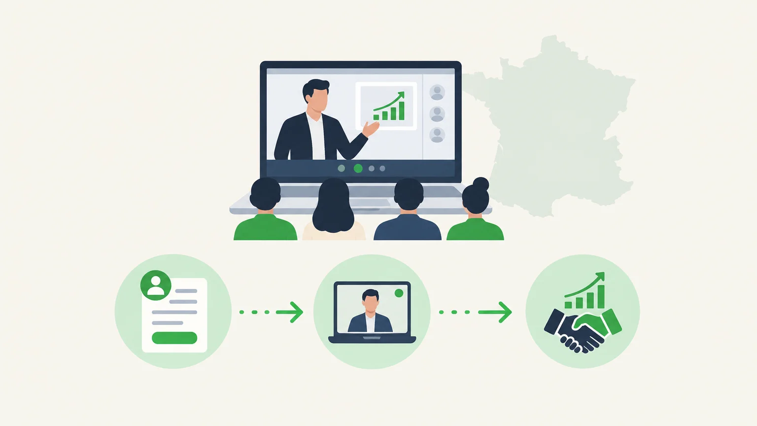 Illustration éditoriale d’un webinaire relié à un système d’acquisition et de suivi, pour choisir un prestataire en France.