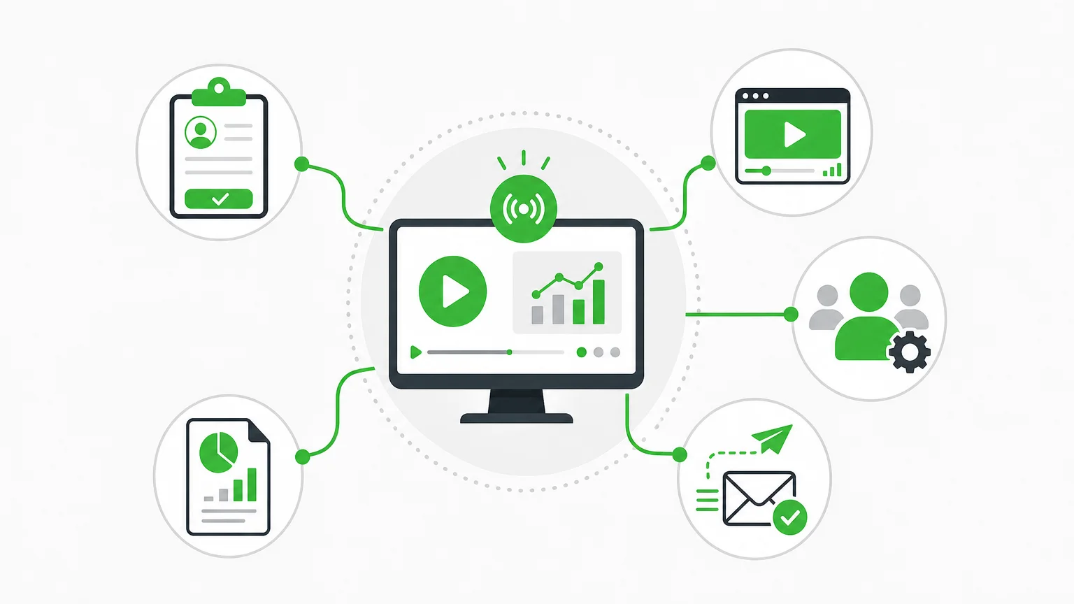 Illustration d’une infrastructure de webinaire reliant inscription, diffusion, CRM, relances et reporting.