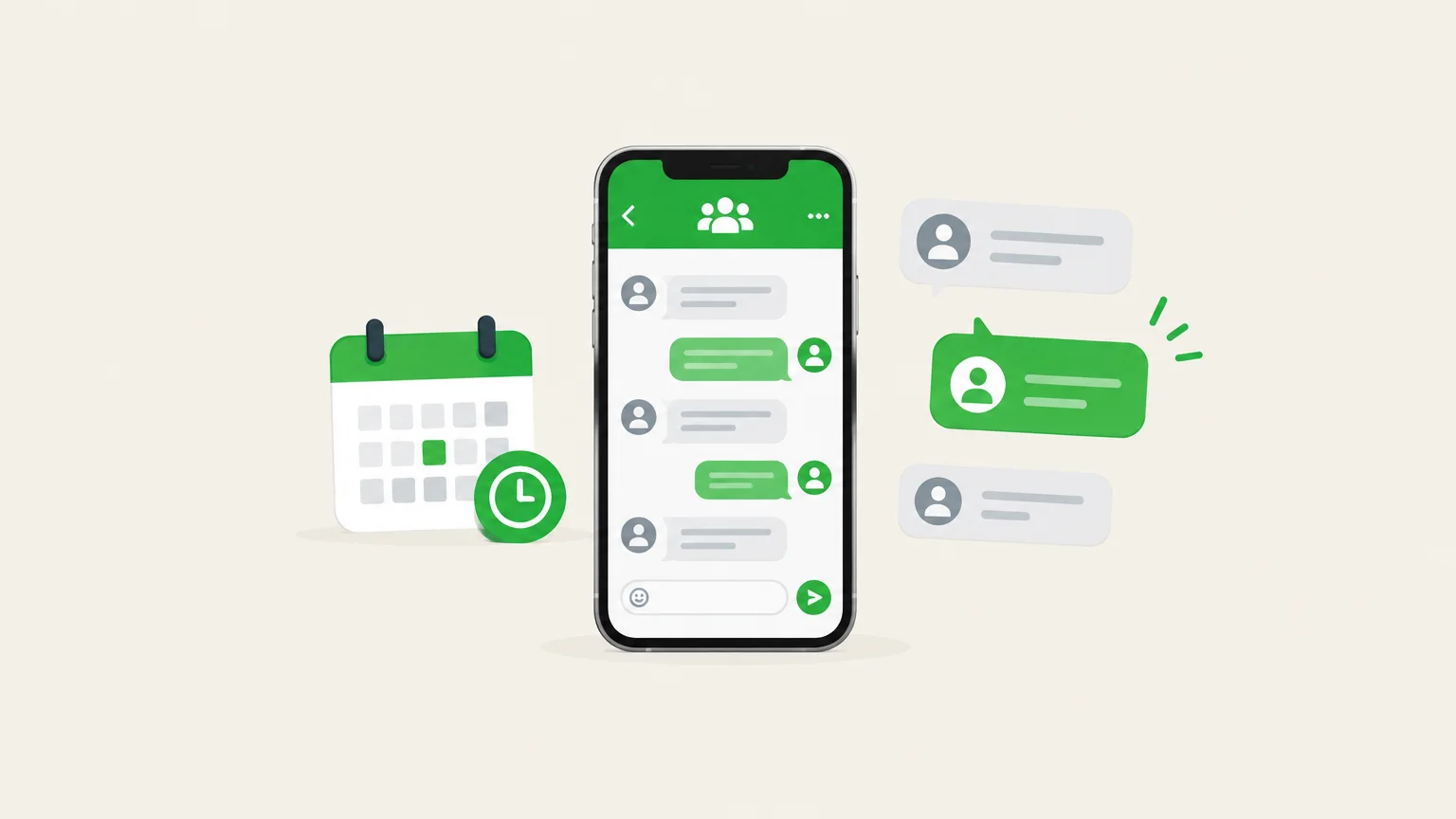 Illustration d’un smartphone et d’un calendrier pour programmer les messages d’un groupe WhatsApp de webinaire