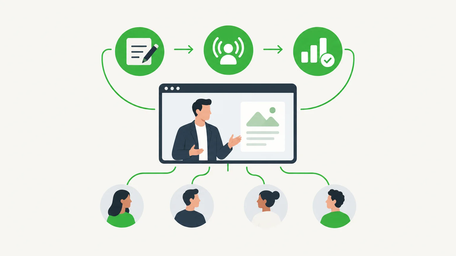 Illustration éditoriale d’un webinaire reliant présentation, audience et suivi commercial