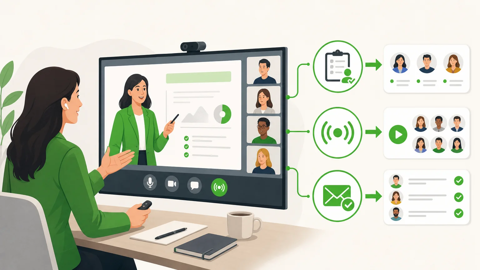Illustration éditoriale d’un webinaire professionnel relié à un parcours d’inscription et de suivi