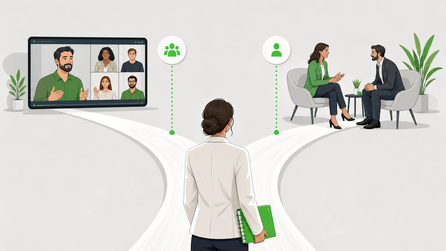 Illustration d’un choix entre formation en webinaire et coaching individuel