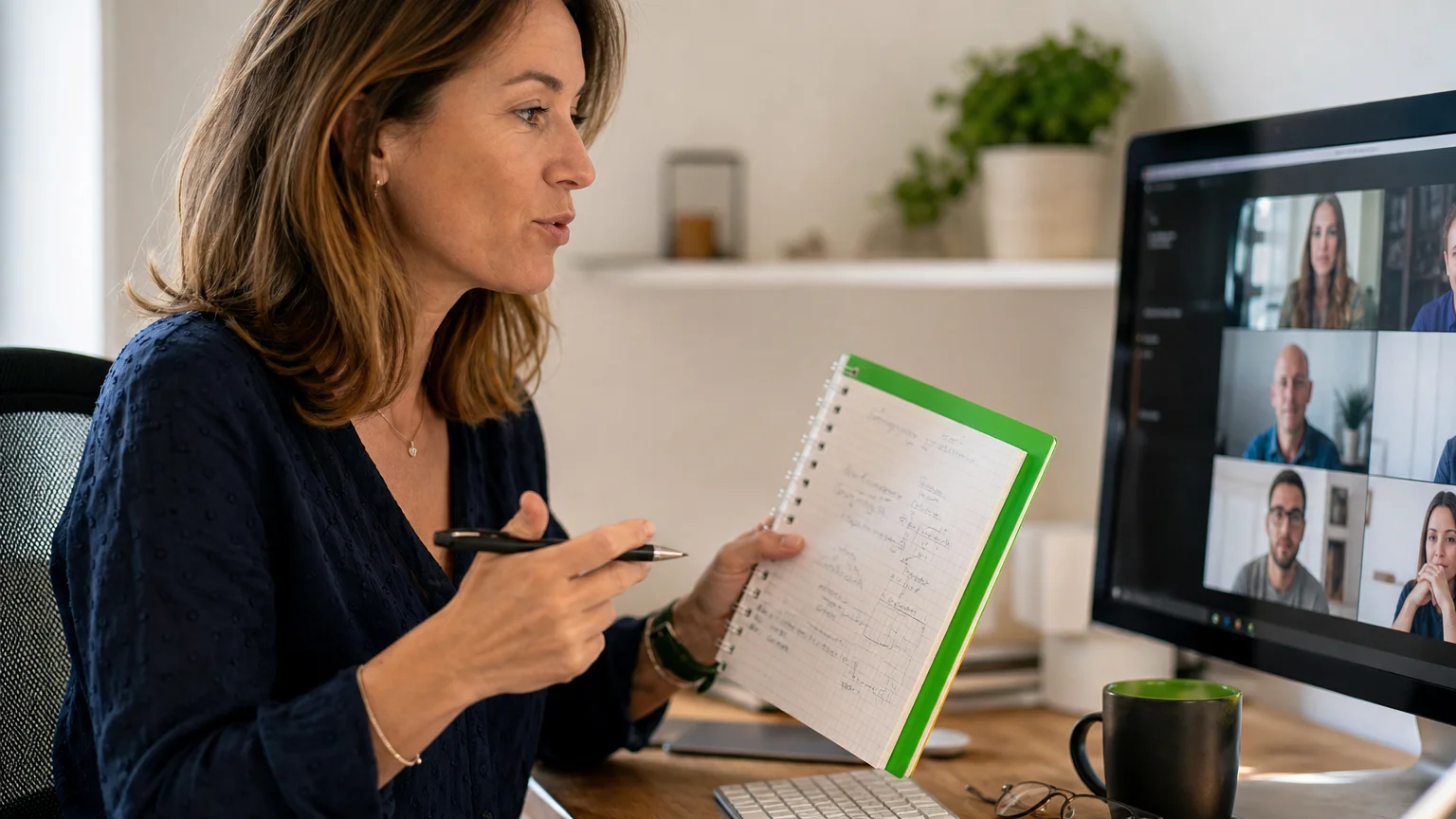 Formatrice animant un exercice interactif pendant un webinaire