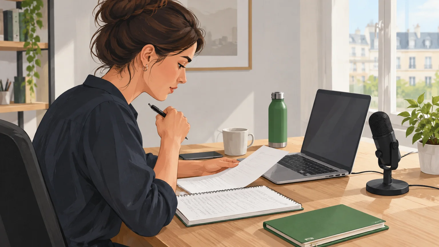 Une personne prépare ses notes et son matériel avant un webinaire